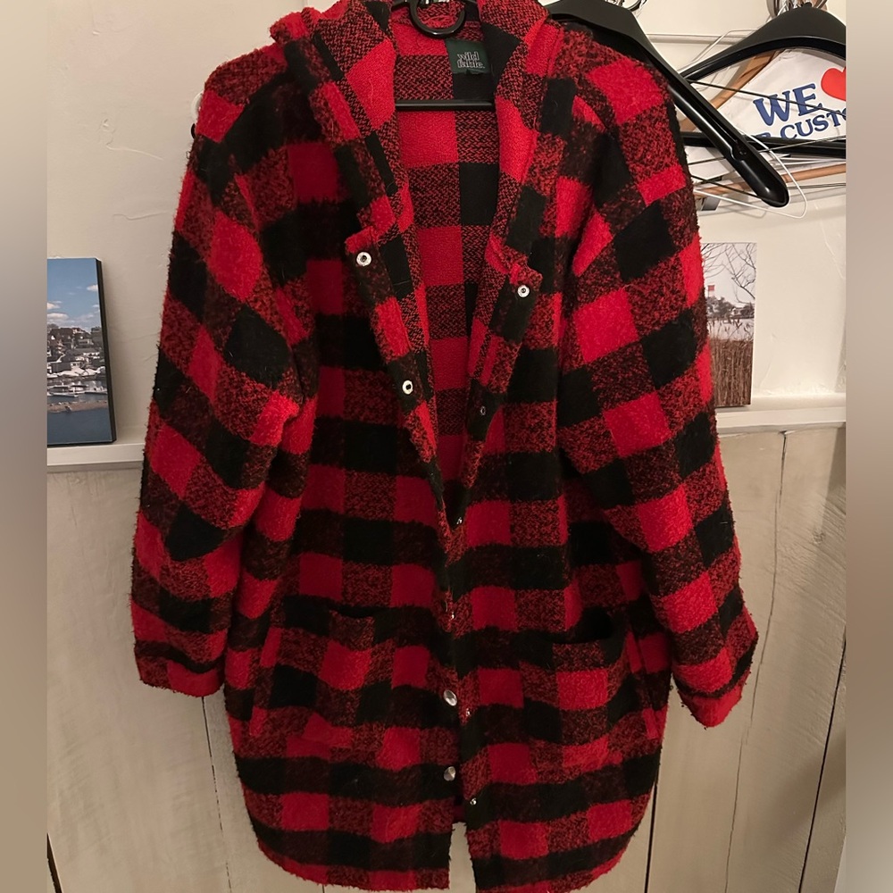Wild Fable Red and Black Hooded Plaid Teddy Jacket